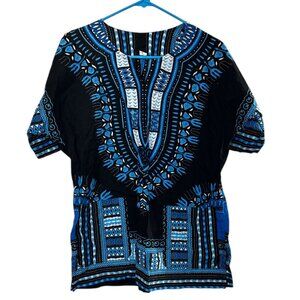 Vintage-Style Black & Blue Dashiki Tunic Shirt - 100% Cotton - Made in Thailand